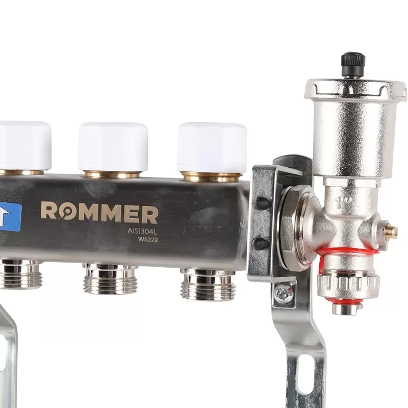 Коллектор Rommer 1"x3/4" на 3 контура с запорными клапанами в сборе (нерж. сталь) (RMS-3210-000003) Коллектор Rommer 1"x3/4" на 3 контура с запорными клапанами в сборе (нерж. сталь) (RMS-3210-000003)
