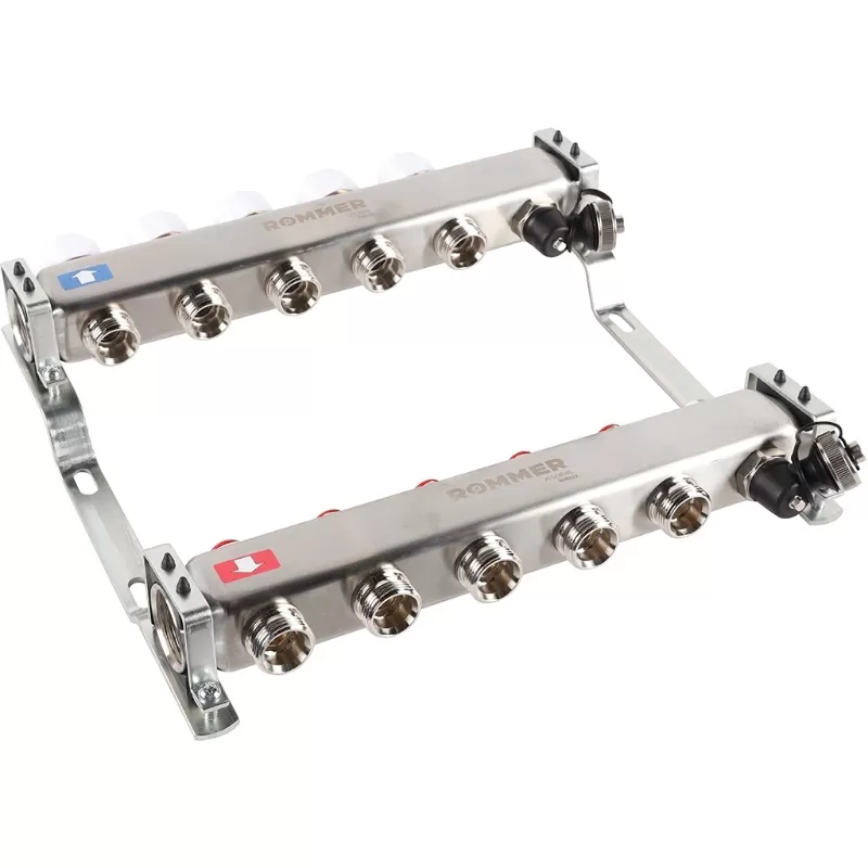 Коллектор Rommer 1"x3/4" на 5 контуров с запорными клапанами (нерж. сталь) (RMS-3201-000005)
