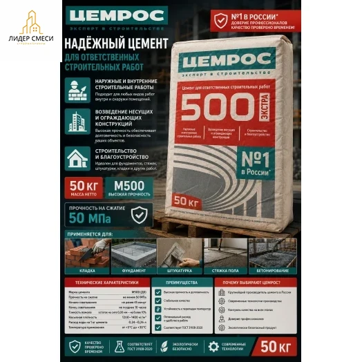 Цемент ЦЕМРОС (Евроцемент) М-500 50 кг
