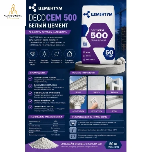 Белый цемент Цементум DecoCEM М-500 50 кг Белый цемент Цементум DecoCEM М-500 50 кг