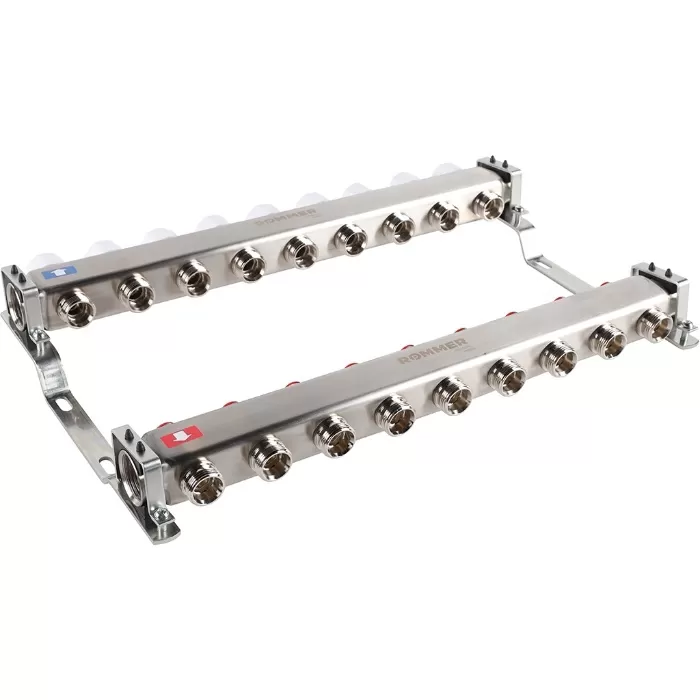 Коллектор Rommer 1"x3/4" на 9 контуров с запорными клапанами (нерж. сталь) (RMS-3200-000009)