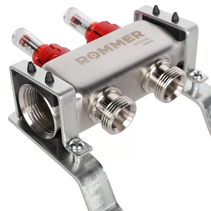 Коллектор Rommer 1"x3/4" на 2 контура с расходомерами (нерж. сталь) (RMS-1200-000002)