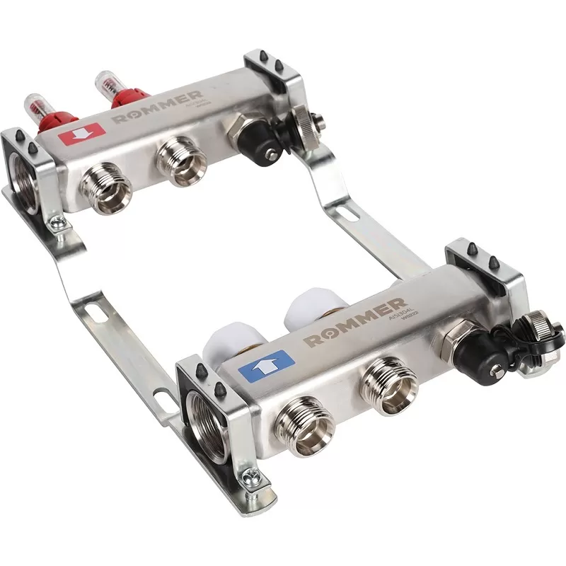 Коллектор Rommer 1"x3/4" на 2 контура с расходомерами и запорными клапанами (RMS-1201-000002) Коллектор Rommer 1"x3/4" на 2 контура с расходомерами и запорными клапанами (RMS-1201-000002)