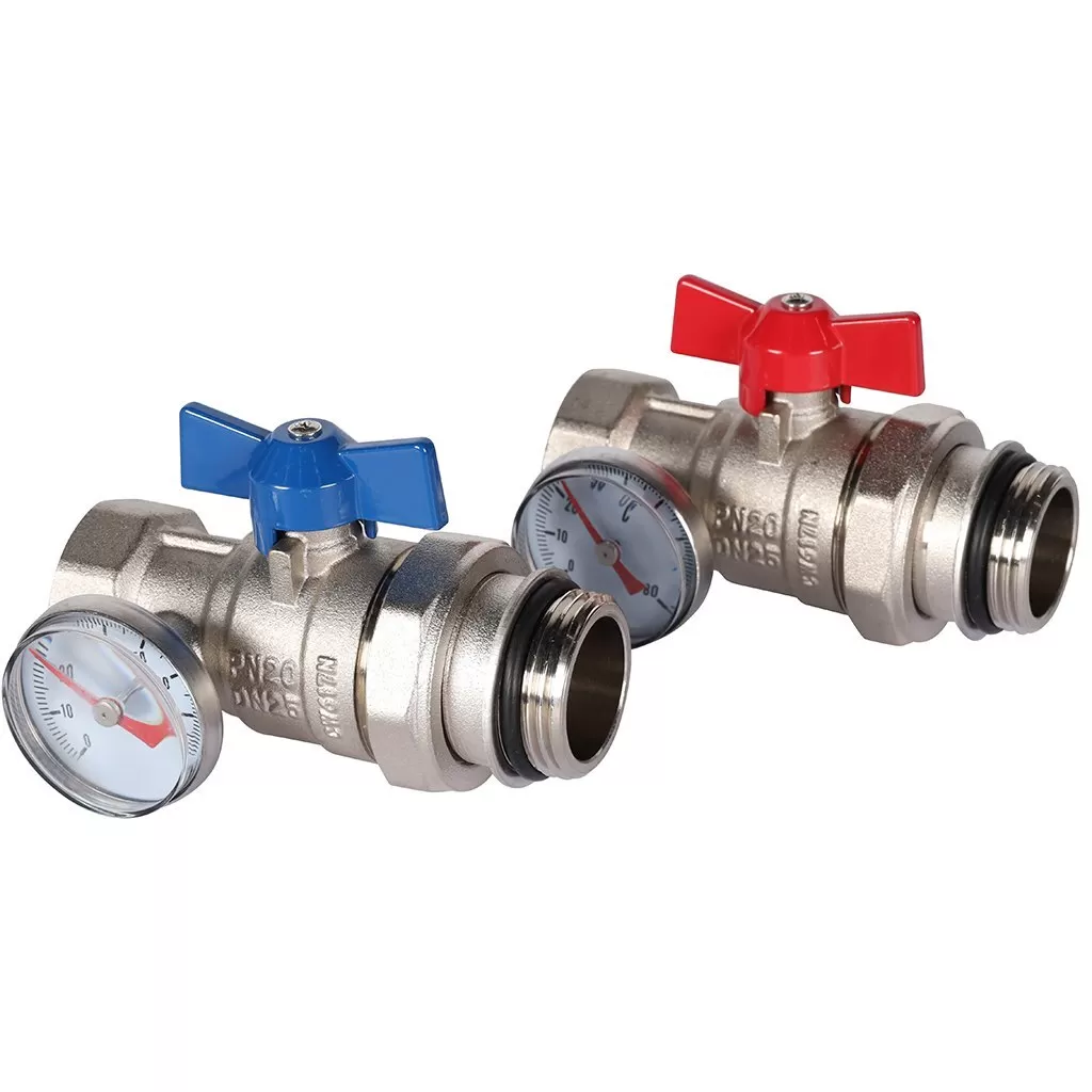 Комплект прямых шаровых кранов с термометрами Rommer 1" (RMS-1001-030001)