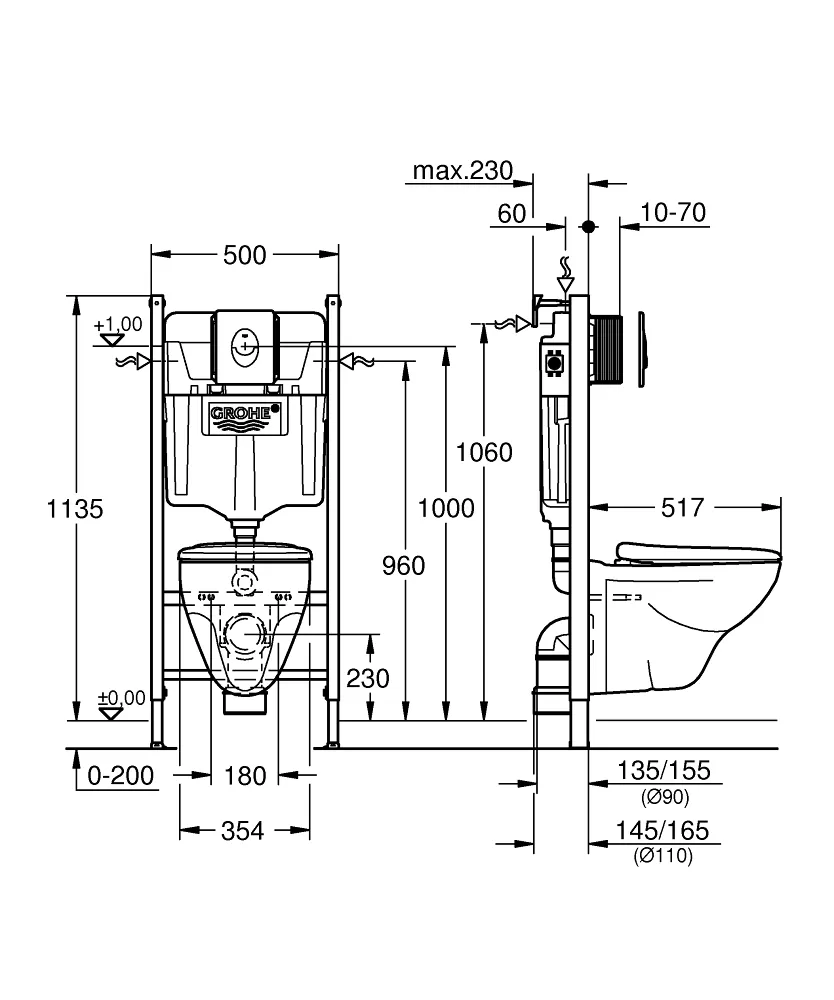 Комплект инсталляция и унитаз подвесной безободковый Grohe Solido (39116000)