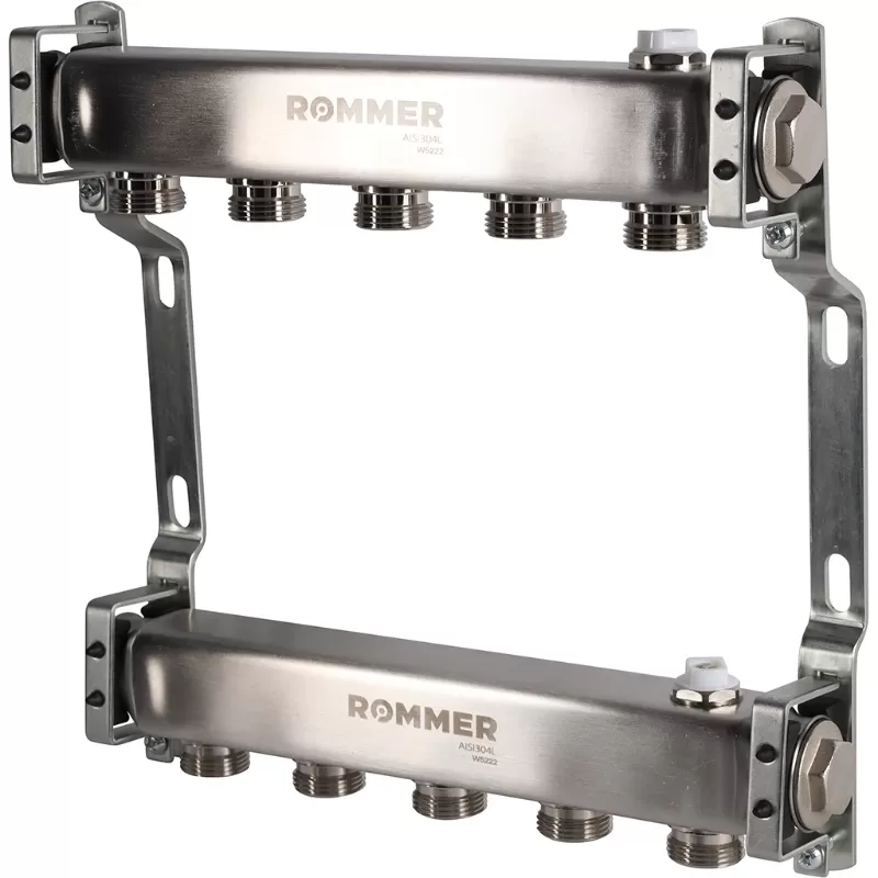 Коллектор Rommer 1"x3/4" на 5 контуров для радиаторной разводки (нерж. сталь) (RMS-4401-000005)