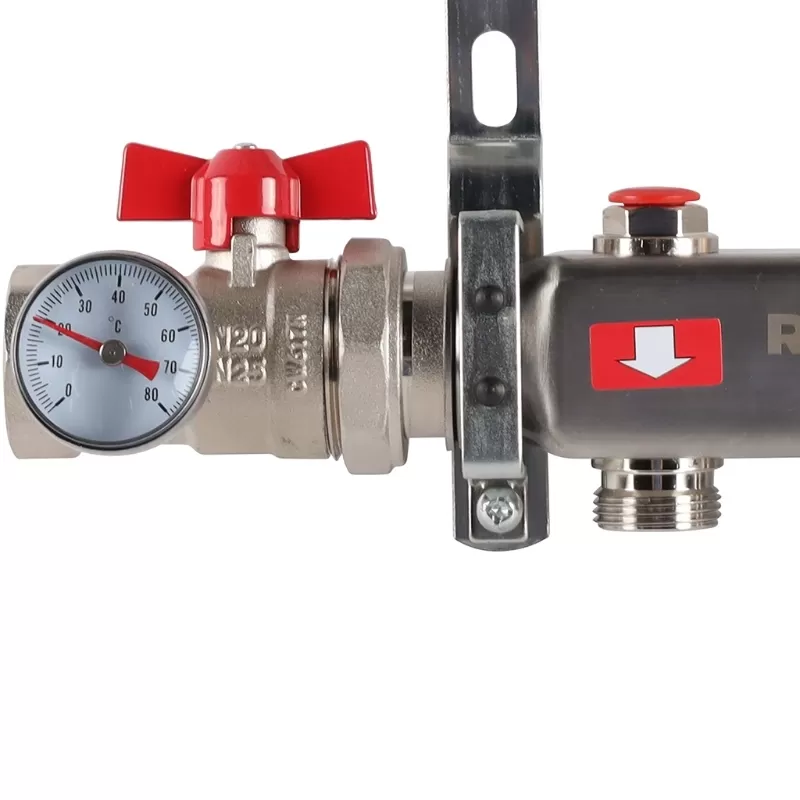 Коллектор Rommer 1"x3/4" на 3 контура с запорными клапанами в сборе (нерж. сталь) (RMS-3210-000003) Коллектор Rommer 1"x3/4" на 3 контура с запорными клапанами в сборе (нерж. сталь) (RMS-3210-000003)