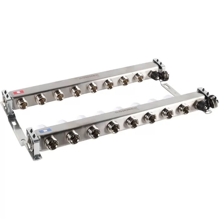 Коллектор Rommer 1"x3/4" на 8 контуров с запорными клапанами (нерж. сталь) (RMS-3201-000008) Коллектор Rommer 1"x3/4" на 8 контуров с запорными клапанами (нерж. сталь) (RMS-3201-000008)