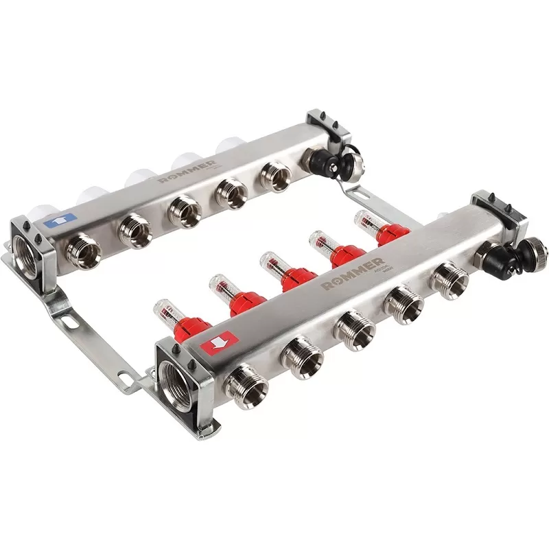 Коллектор Rommer 1"x3/4" на 5 контуров с расходомерами и запорными клапанами (RMS-1201-000005) Коллектор Rommer 1"x3/4" на 5 контуров с расходомерами и запорными клапанами (RMS-1201-000005)