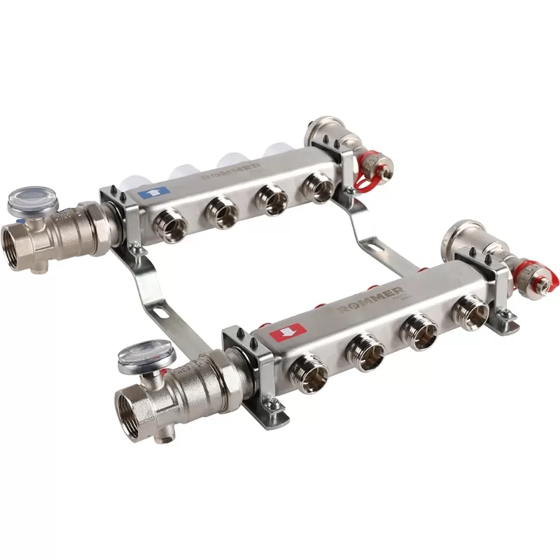 Коллектор Rommer 1"x3/4" на 4 контура с запорными клапанами в сборе (нерж. сталь) (RMS-3210-000004) Коллектор Rommer 1"x3/4" на 4 контура с запорными клапанами в сборе (нерж. сталь) (RMS-3210-000004)
