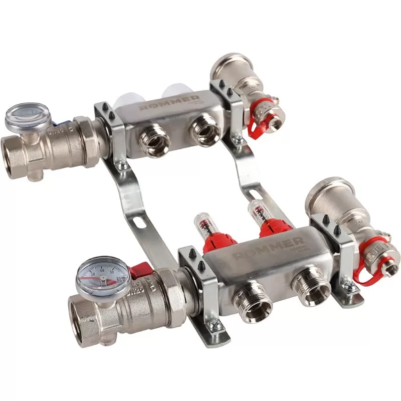 Коллектор Rommer 1"x3/4" на 2 контура с расходомерами в сборе (нерж. сталь) (RMS-1210-000002) Коллектор Rommer 1"x3/4" на 2 контура с расходомерами в сборе (нерж. сталь) (RMS-1210-000002)