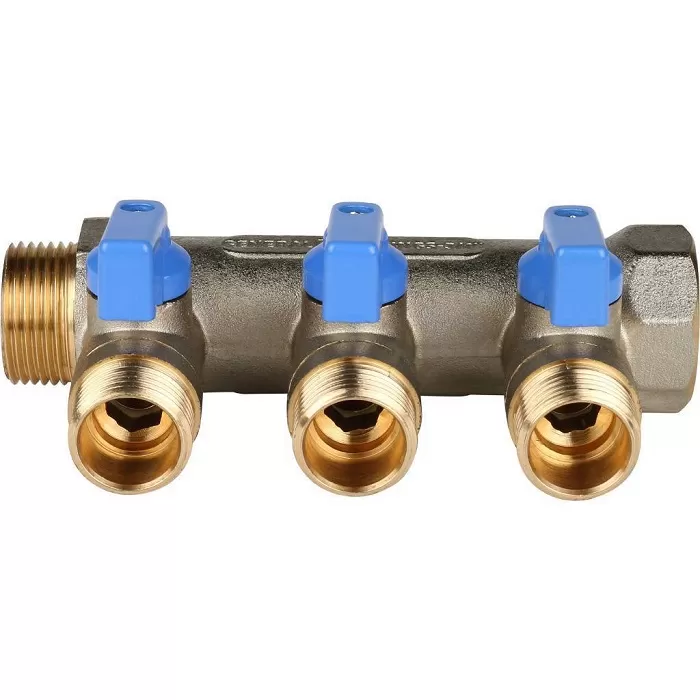 Коллектор с шаровыми кранами STOUT 3/4" , 3 отвода 1/2 (синие ручки) (SMB 6201 341203)