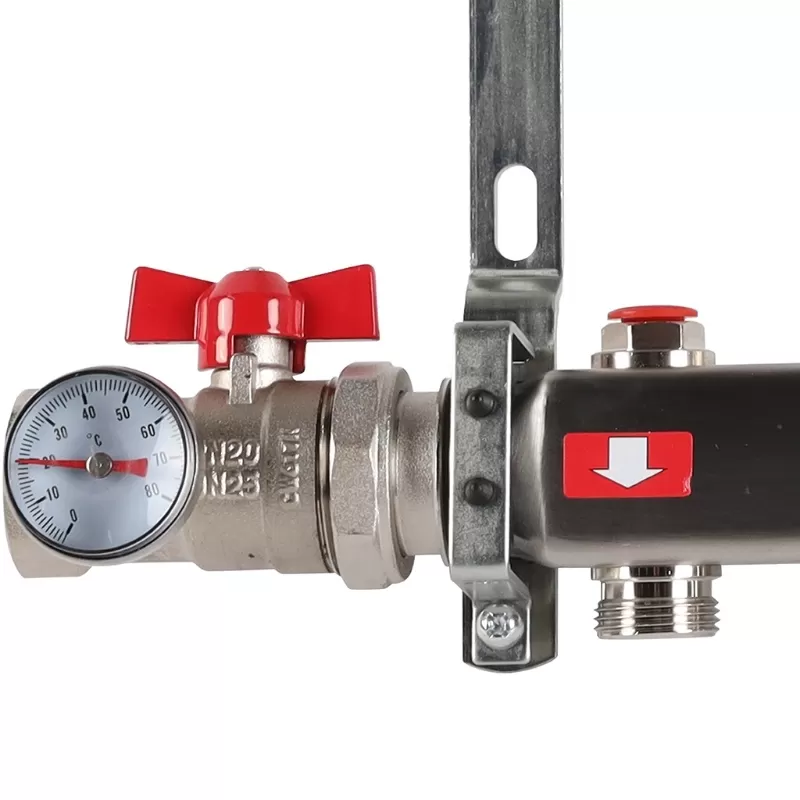 Коллектор Rommer 1"x3/4" на 9 контуров с запорными клапанами в сборе (нерж. сталь) (RMS-3210-000009) Коллектор Rommer 1"x3/4" на 9 контуров с запорными клапанами в сборе (нерж. сталь) (RMS-3210-000009)