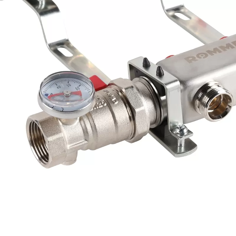 Коллектор Rommer 1"x3/4" на 2 контура с запорными клапанами в сборе (нерж. сталь) (RMS-3210-000002)
