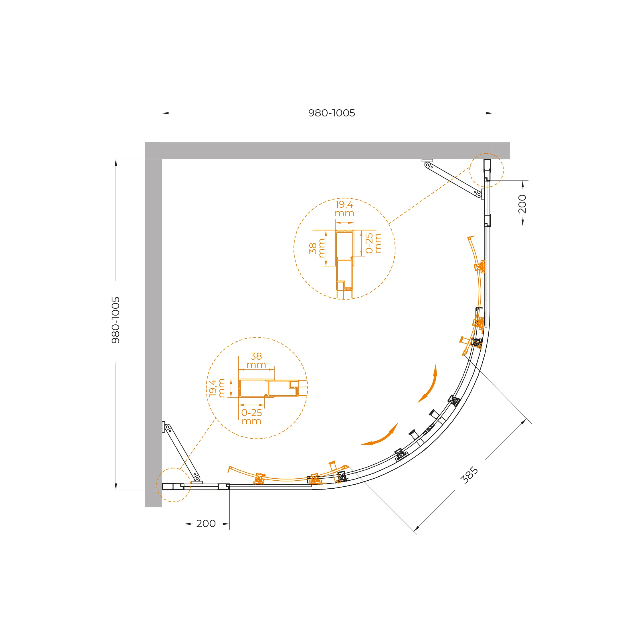 Душевой уголок Cezares Molveno 100x100x195 мм, полукруглый, хром (MOLVENO-R-22-80+20-P-Cr)