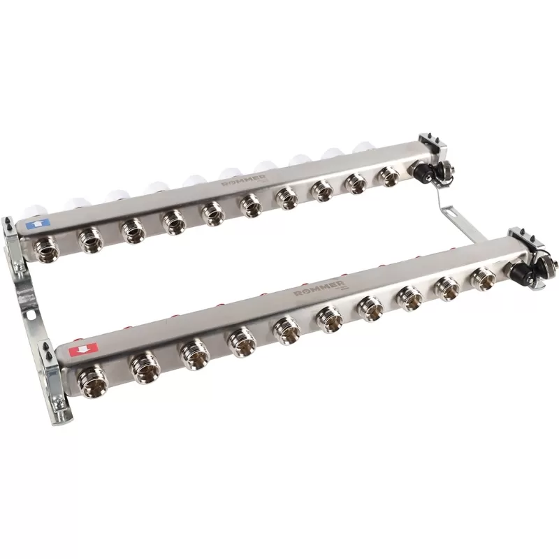 Коллектор Rommer 1"x3/4" на 10 контуров с запорными клапанами (нерж. сталь) (RMS-3201-000010) Коллектор Rommer 1"x3/4" на 10 контуров с запорными клапанами (нерж. сталь) (RMS-3201-000010)
