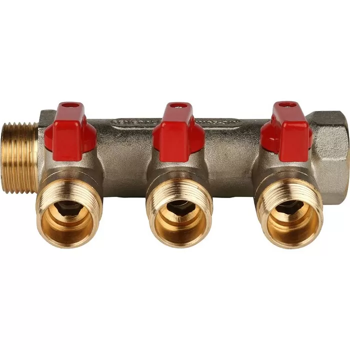 Коллектор с шаровыми кранами STOUT 3/4", 3 отвода 1/2 (красные ручки) (SMB 6200 341203)