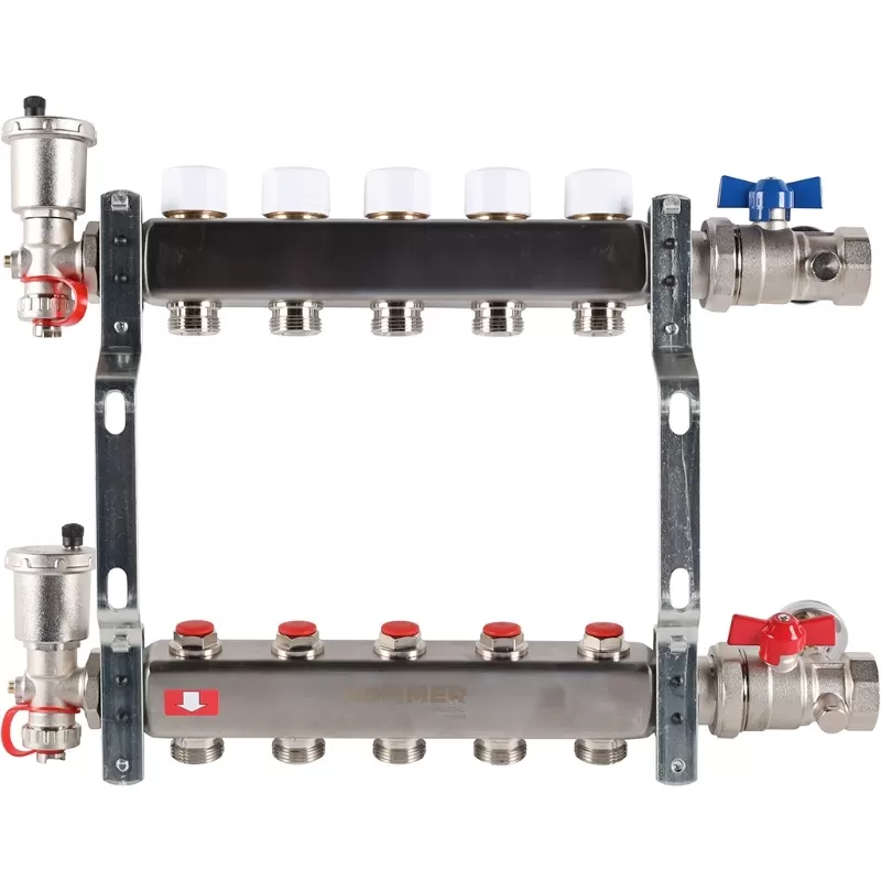 Коллектор Rommer 1"x3/4" на 5 контуров с запорными клапанами в сборе (нерж. сталь) (RMS-3210-000005) Коллектор Rommer 1"x3/4" на 5 контуров с запорными клапанами в сборе (нерж. сталь) (RMS-3210-000005)