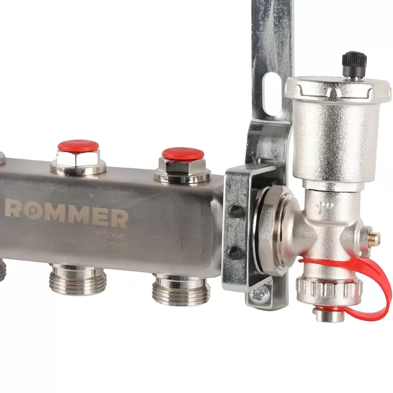 Коллектор Rommer 1"x3/4" на 3 контура с запорными клапанами в сборе (нерж. сталь) (RMS-3210-000003) Коллектор Rommer 1"x3/4" на 3 контура с запорными клапанами в сборе (нерж. сталь) (RMS-3210-000003)