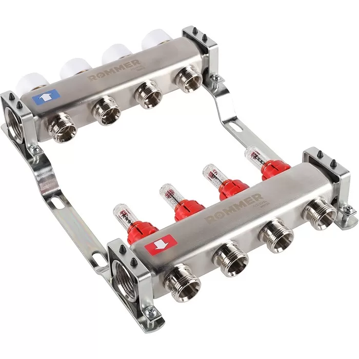 Коллектор Rommer 1"x3/4" на 4 контура с расходомерами (нерж. сталь) (RMS-1200-000004) Коллектор Rommer 1"x3/4" на 4 контура с расходомерами (нерж. сталь) (RMS-1200-000004)