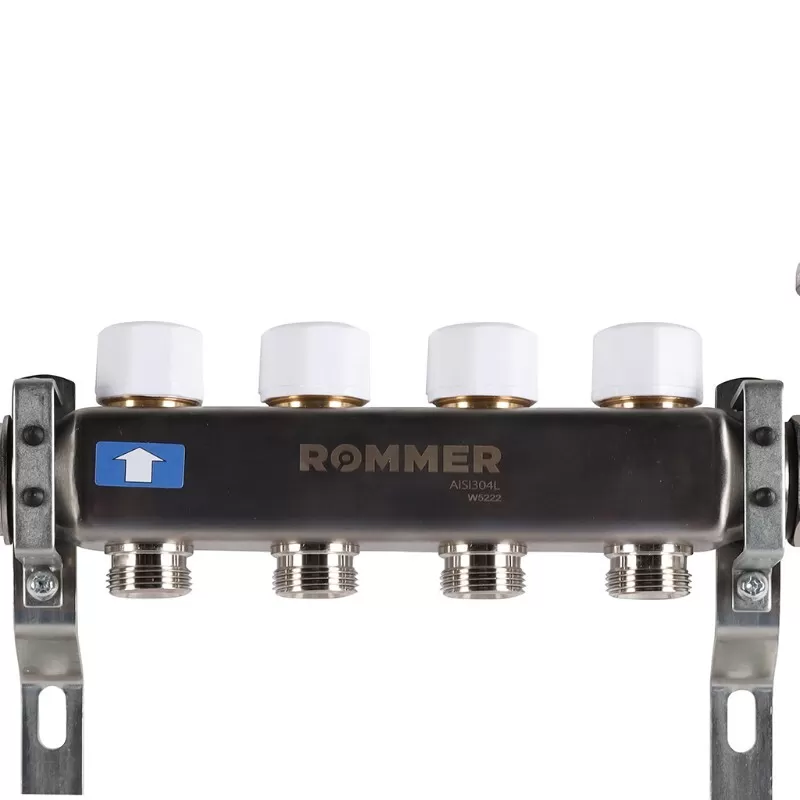 Коллектор Rommer 1"x3/4" на 4 контура с расходомерами в сборе (нерж. сталь) (RMS-1210-000004) Коллектор Rommer 1"x3/4" на 4 контура с расходомерами в сборе (нерж. сталь) (RMS-1210-000004)