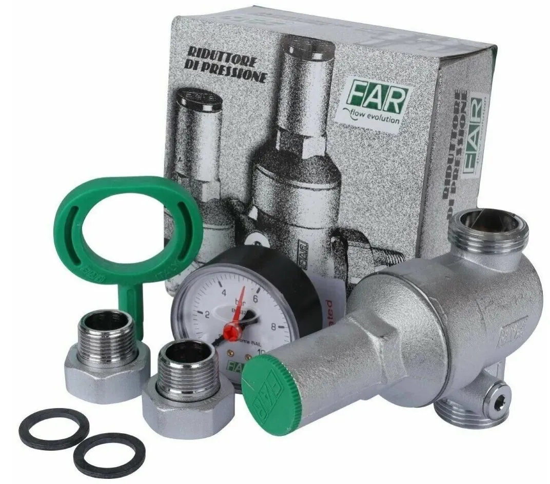 Редуктор хром FAR 3/4" НР мембранный с манометром (FA 2815 34) Редуктор хром FAR 3/4" НР мембранный с манометром (FA 2815 34)