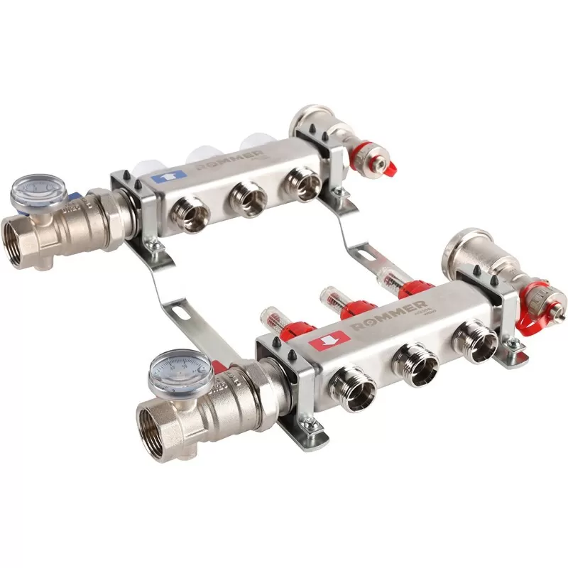 Коллектор Rommer 1"x3/4" на 3 контура с расходомерами в сборе (нерж. сталь) (RMS-1210-000003)