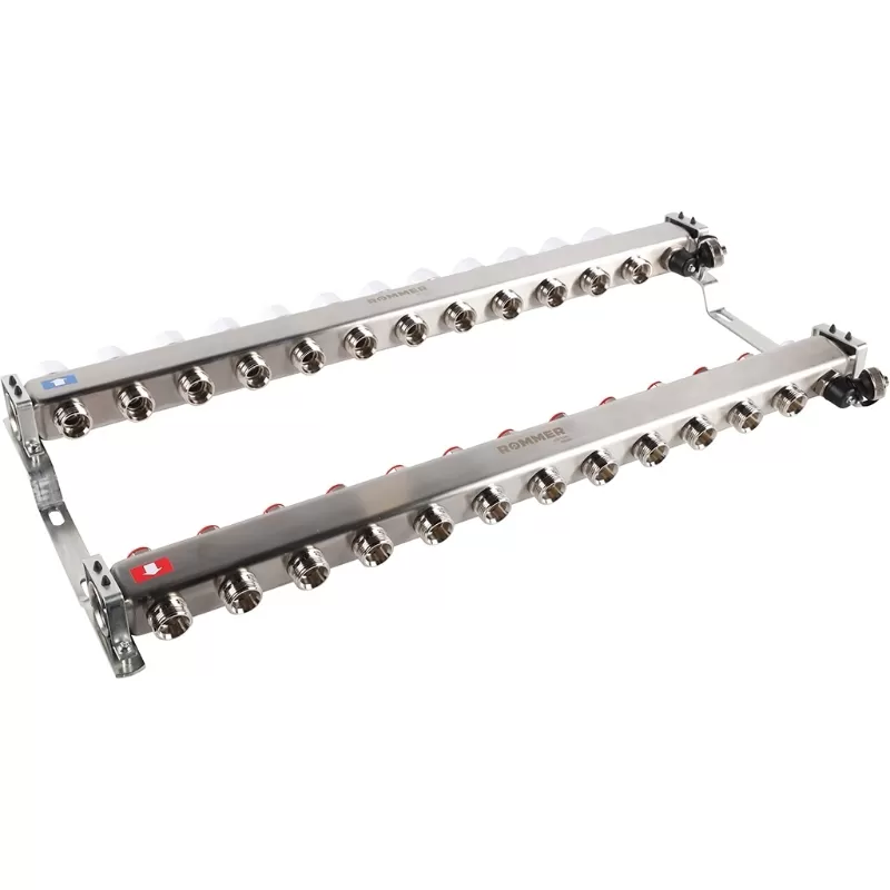 Коллектор Rommer 1"x3/4" на 12 контуров с запорными клапанами (нерж. сталь) (RMS-3201-000012)