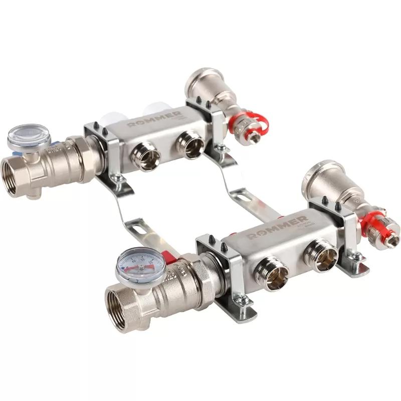 Коллектор Rommer 1"x3/4" на 2 контура с запорными клапанами в сборе (нерж. сталь) (RMS-3210-000002)