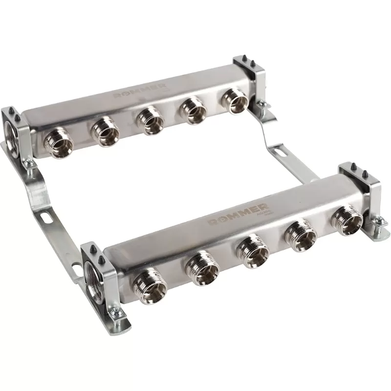 Коллектор Rommer 1"x3/4" на 5 контуров для радиаторной разводки (нерж. сталь) (RMS-4401-000005)