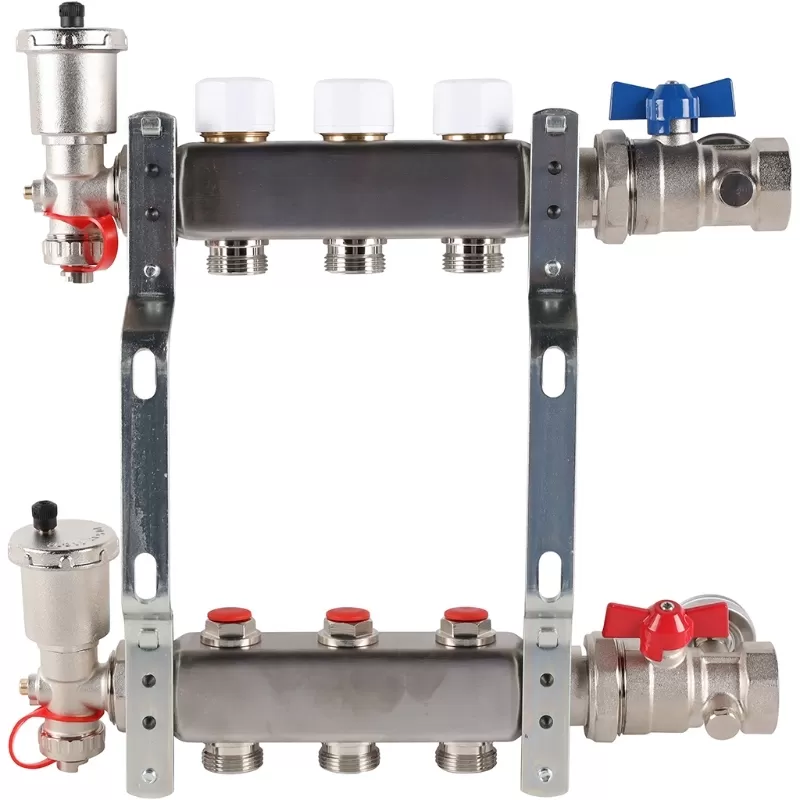 Коллектор Rommer 1"x3/4" на 3 контура с запорными клапанами в сборе (нерж. сталь) (RMS-3210-000003) Коллектор Rommer 1"x3/4" на 3 контура с запорными клапанами в сборе (нерж. сталь) (RMS-3210-000003)