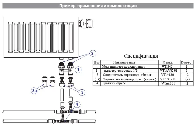 Узел для нижнего подключения радиатора (комплект) Valtec 1/2" х 3/4, "евроконус" (VT.345K.N.E04)