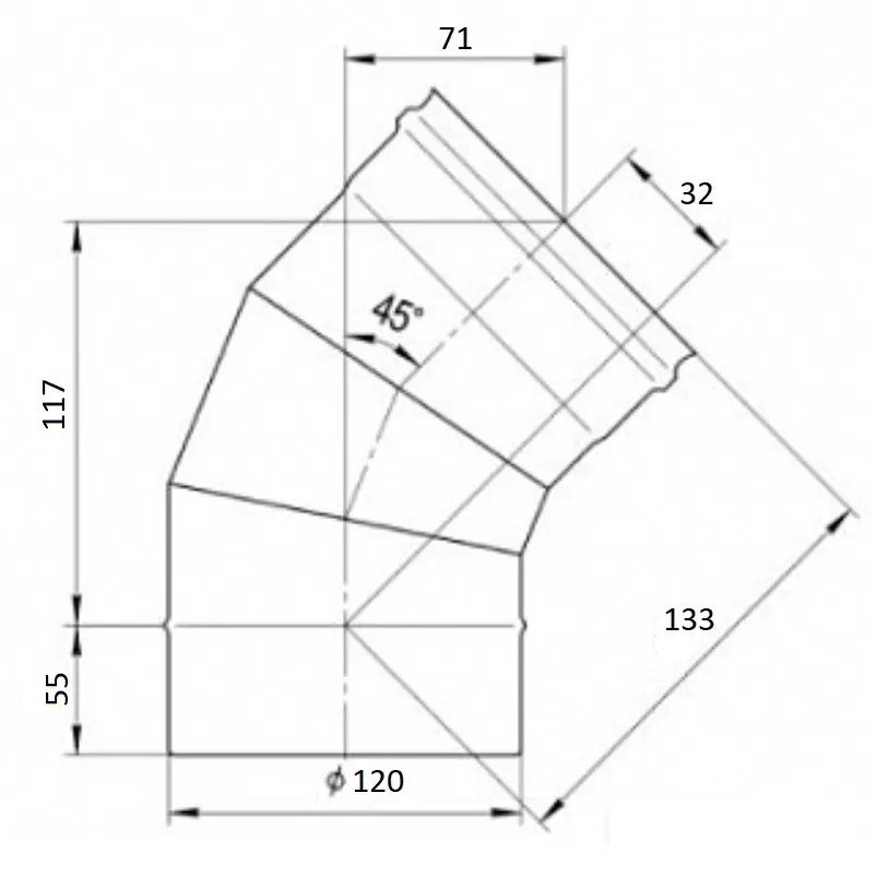 Колено 3 сек. угол 135° Ferrum (430/0,5 мм) Ф120 Колено 3 сек. угол 135° Ferrum (430/0,5 мм) Ф120