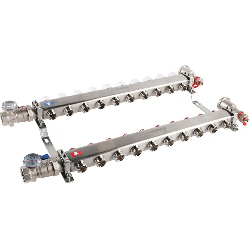 Коллектор Rommer 1"x3/4" на 10 контуров с запорными клапанами в сборе (нерж. сталь) (RMS-3210-000010) Коллектор Rommer 1"x3/4" на 10 контуров с запорными клапанами в сборе (нерж. сталь) (RMS-3210-000010)