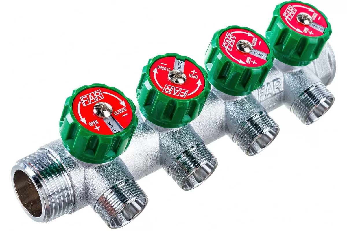 Коллектор FAR 3/4"х1/2" на 4 отвода, плоское уплотнение (ВР-НР) (FK 3824 3412TP) Коллектор FAR 3/4"х1/2" на 4 отвода, плоское уплотнение (ВР-НР) (FK 3824 3412TP)