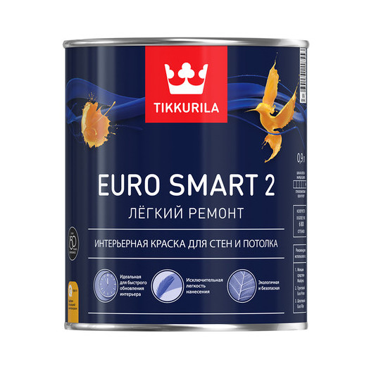 Tikkurila Euro Smart 2 для стен и потолков глубокоматовая, Белый