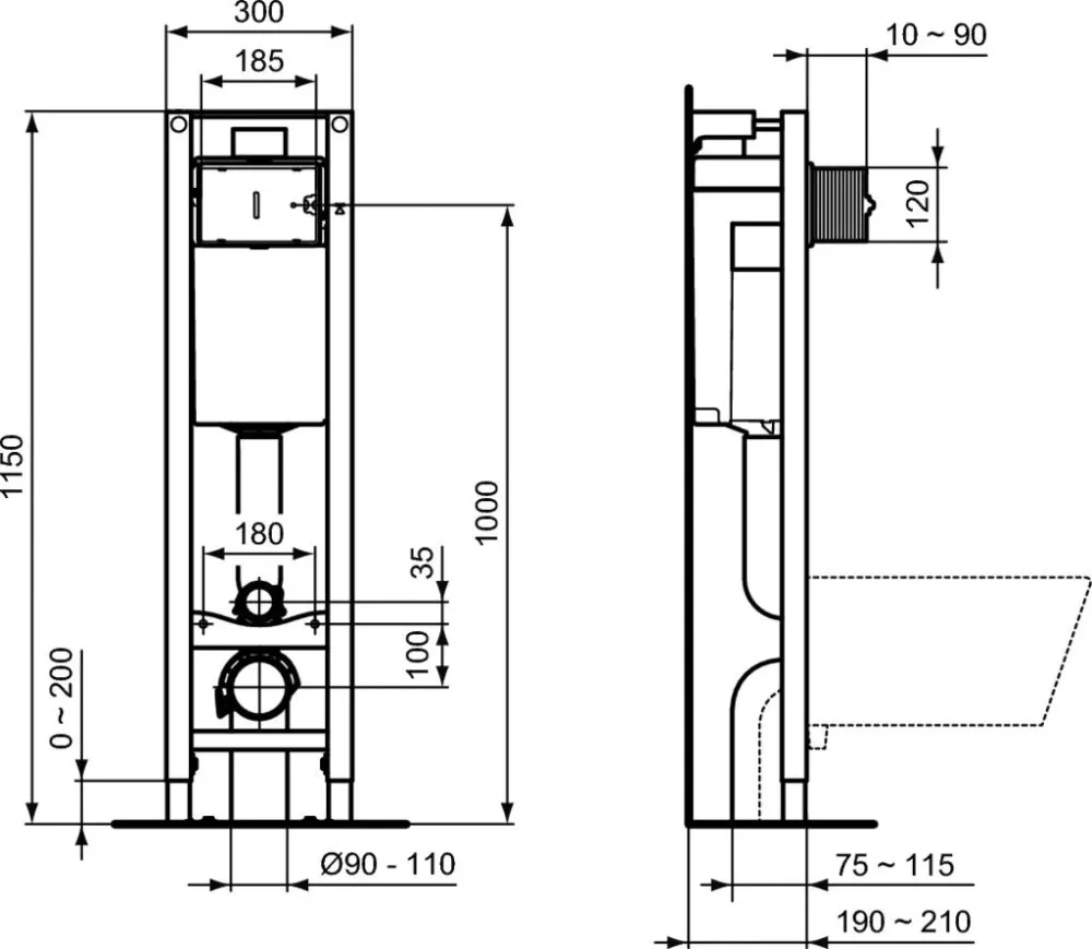 Ideal Standard W220101 CЕТ CONNECT подвесной унитаз E803501, крышка функцией плавного закрытия E712701, E233267 PROSYS ECO FRAME M Встраиваемая инсталляция