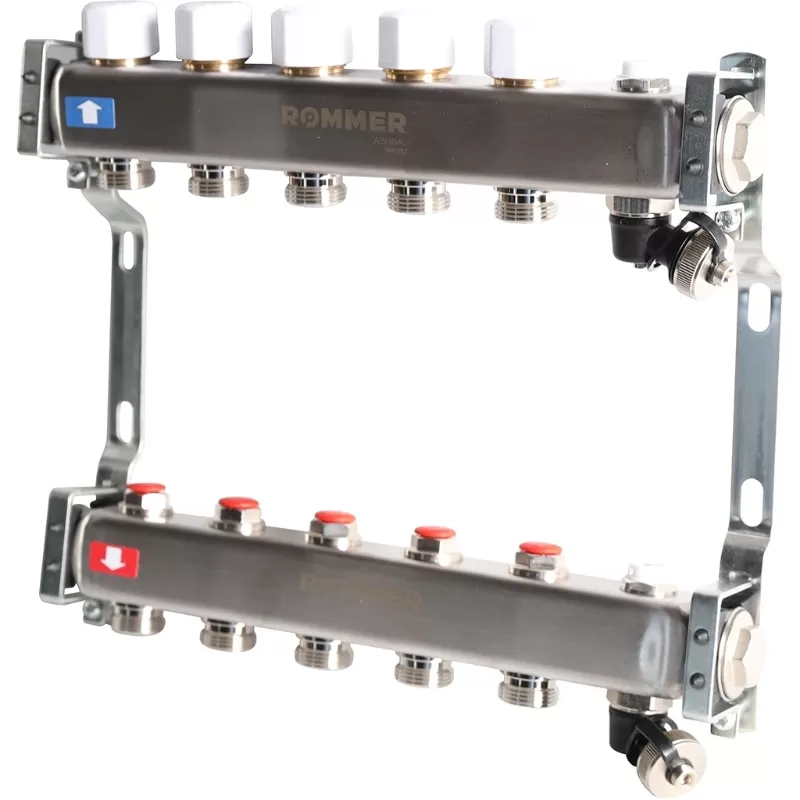 Коллектор Rommer 1"x3/4" на 5 контуров с запорными клапанами (нерж. сталь) (RMS-3201-000005)