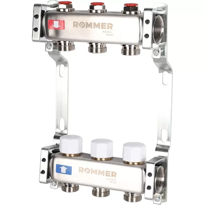 Коллектор Rommer 1"x3/4" на 3 контура с запорными клапанами (нерж. сталь) (RMS-3200-000003)
