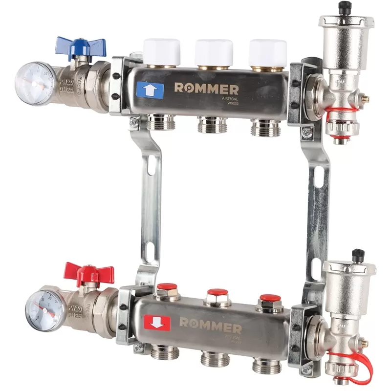 Коллектор Rommer 1"x3/4" на 3 контура с запорными клапанами в сборе (нерж. сталь) (RMS-3210-000003)