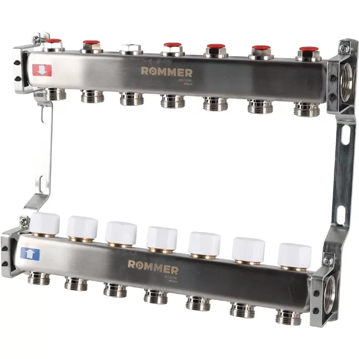 Коллектор Rommer 1"x3/4" на 7 контуров с запорными клапанами (нерж. сталь) (RMS-3200-000007)