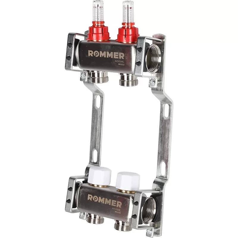 Коллектор Rommer 1"x3/4" на 2 контура с расходомерами (нерж. сталь) (RMS-1200-000002)