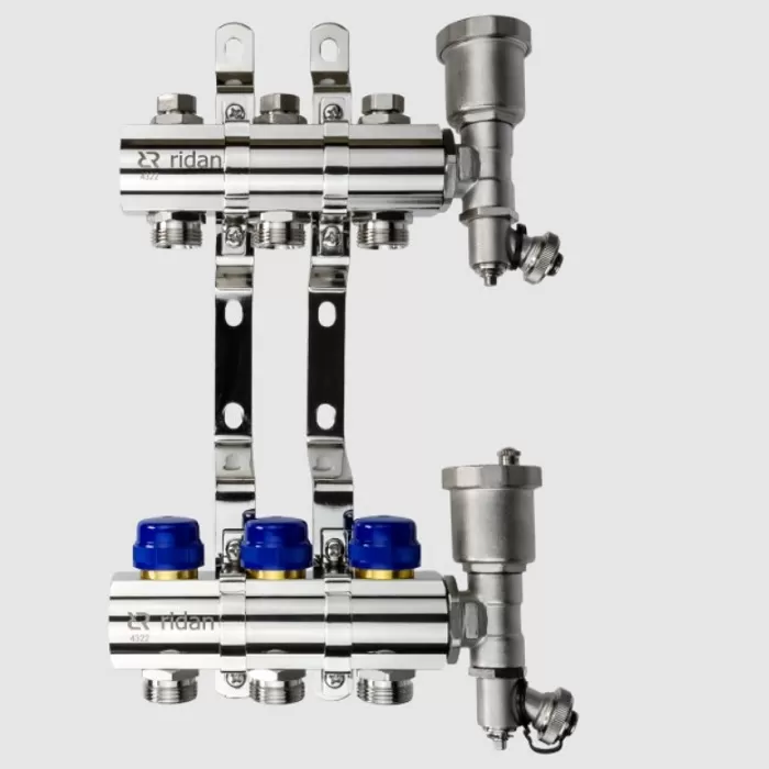 Комплект коллекторов Ридан FHF-5R 5 контуров: с кронштейнами и торцевыми секциями с автоматическими воздухоотводчиками Комплект коллекторов Ридан FHF-5R 5 контуров: с кронштейнами и торцевыми секциями с автоматическими воздухоотводчиками
