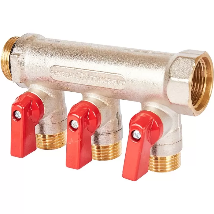 Коллектор с шаровыми кранами STOUT 3/4" , 3 отвода 1/2 (красные ручки) (SMB 6210 341203)