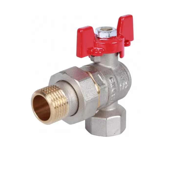 Шаровый кран Rommer 1/2" угловой с американкой, ручка-бабочка, внутренняя/наружная резьба (RBV-0006-0610215) Шаровый кран Rommer 1/2" угловой с американкой, ручка-бабочка, внутренняя/наружная резьба (RBV-0006-0610215)